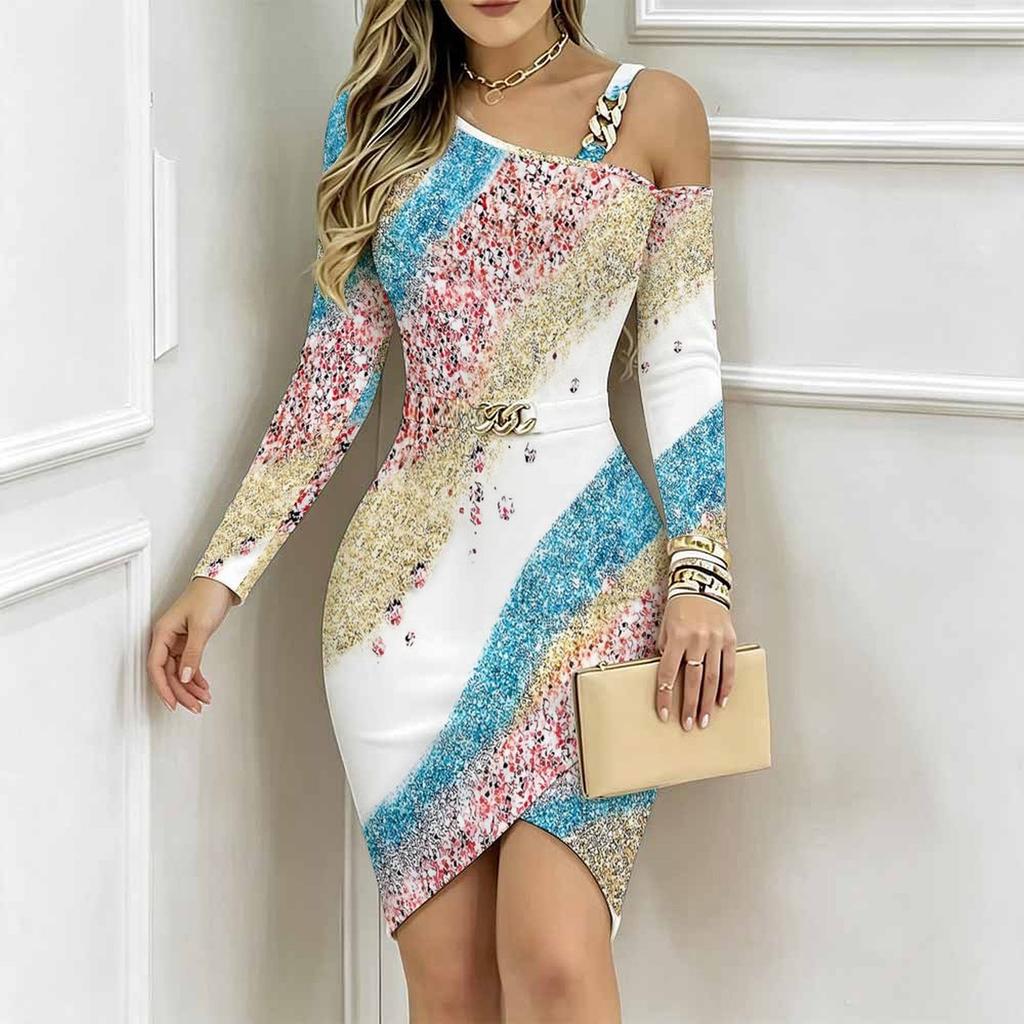 Women Plus Size Asymmetric Cold Shoulder Long Sleeve Purple Gold Agate Print Irregular Wrap Bodycon Midi Dress