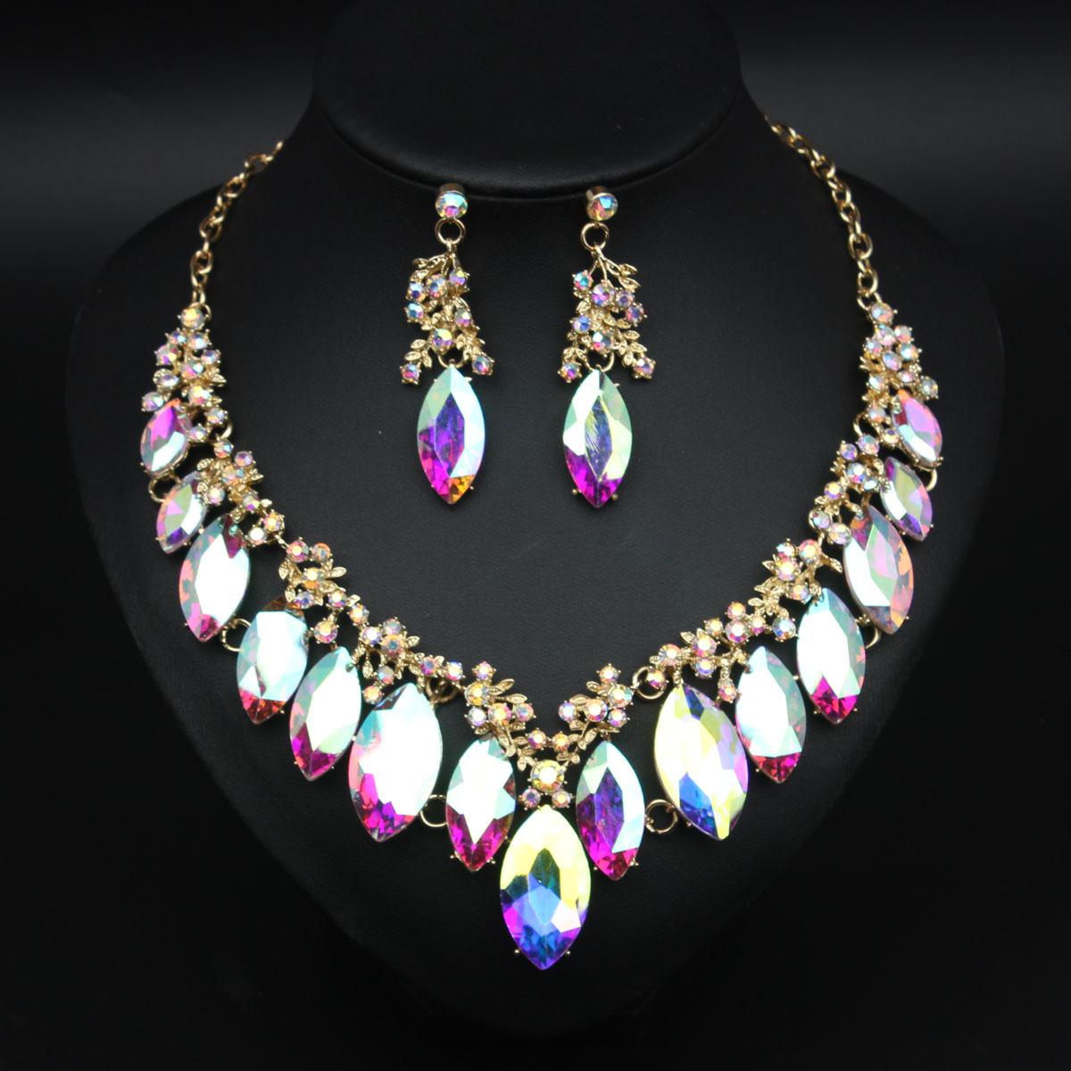 

Exaggerated Large Gemstone Necklace and Earrings Set for Wedding Banquet Formal Dress Jewelry шампанского
