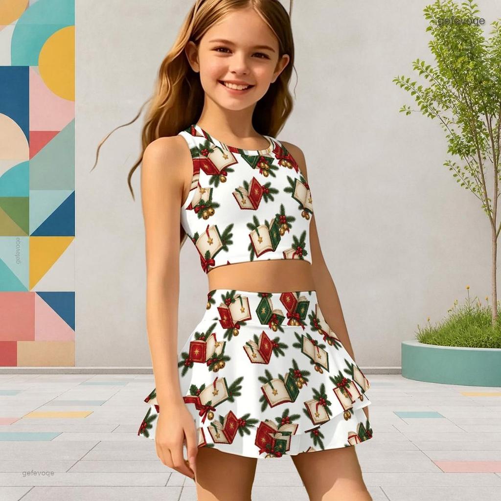 Mädchen Weiß Bedrucktes Ärmelloses Racerback Crop Top Mehrlagiger Rock Zweiteiliges Set