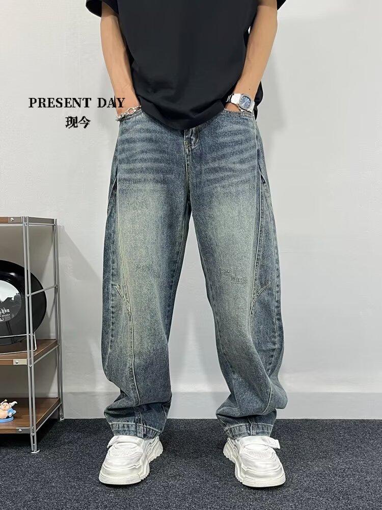 JYL Men s Straight Jeans Autumn American Vintage Washed Denim 4XL