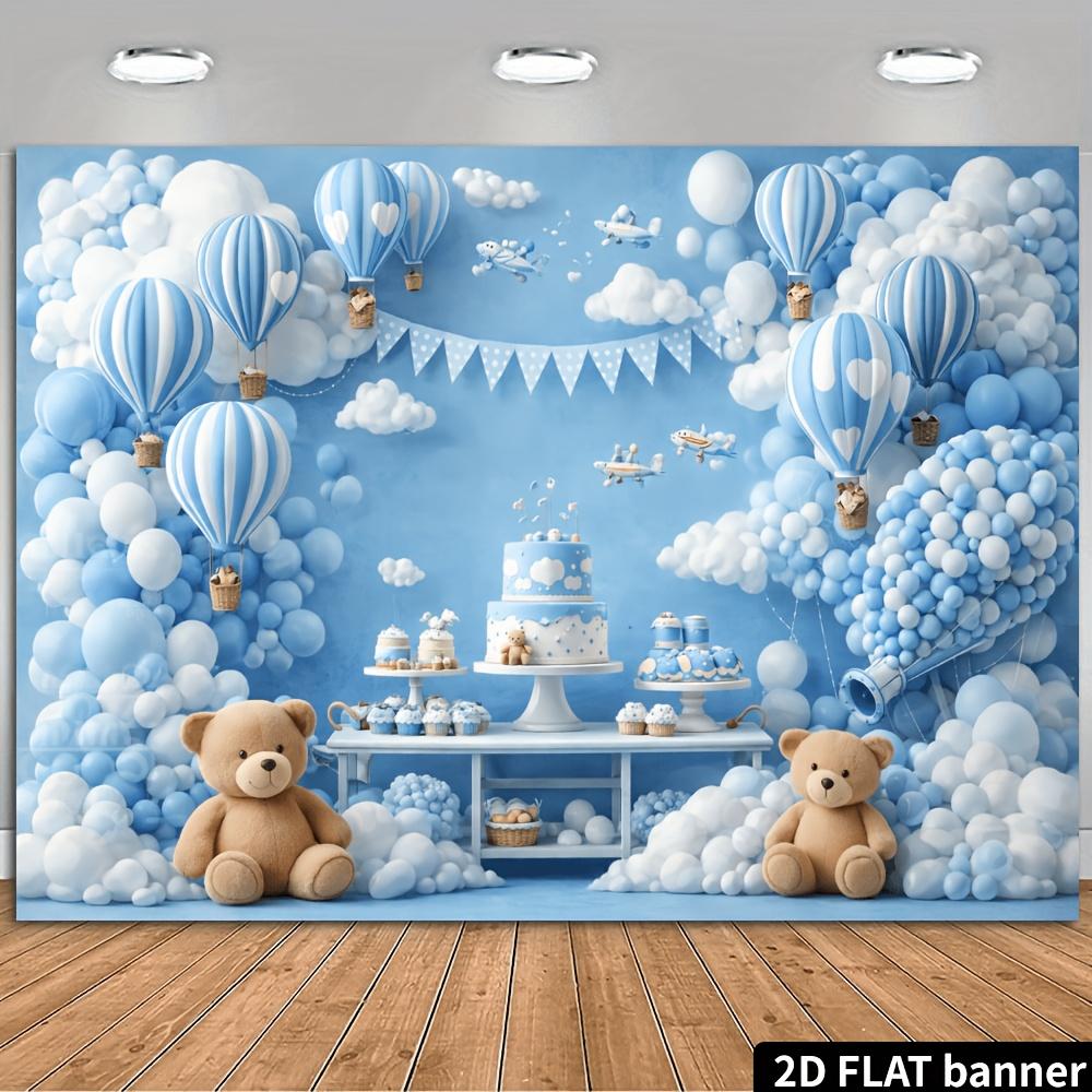 Blue and white hot air balloon teddy bear aircraft background fabric  blue and white heart-shaped hot air balloons 100x150cm