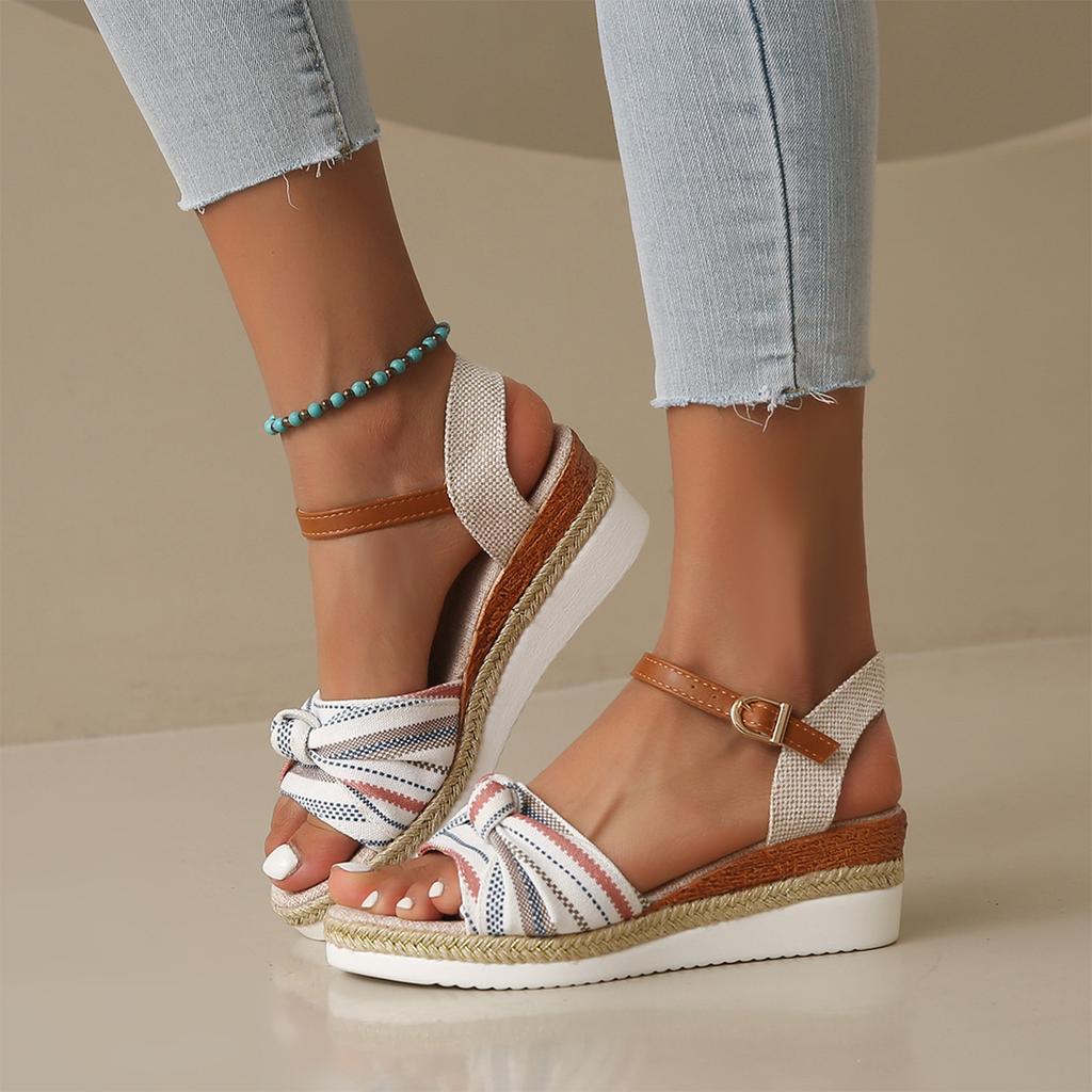 Women Summer Knotted Open Toe Ankle Strap Wedge Sandals Platform Thick Sole Casual Outdoor Shoes