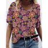 Summer V-neck Ethnic Style Retro 3D Printed Top Fashionable Casual Short Sleeved Women's T-shirts