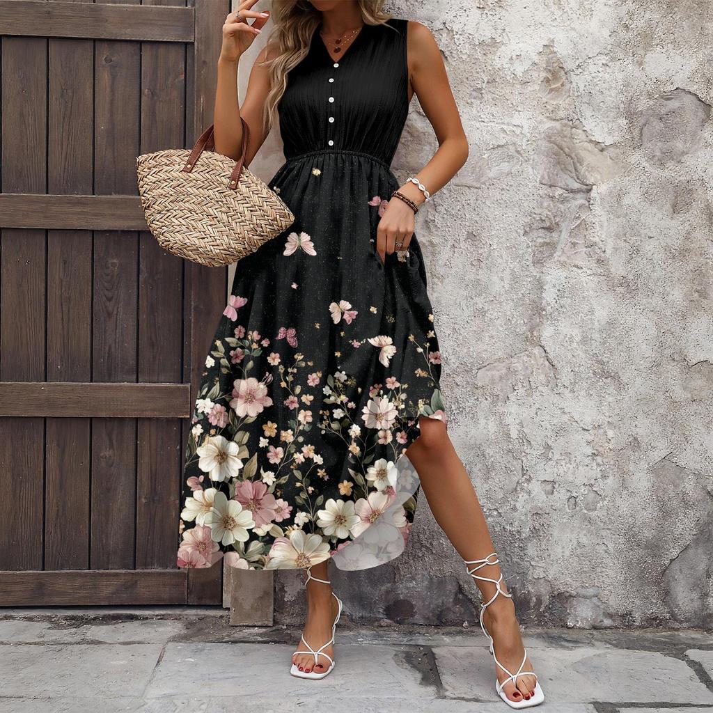 Women's Casual And Fashionable V-neck  Sleeveless Printing Mid Length Dress