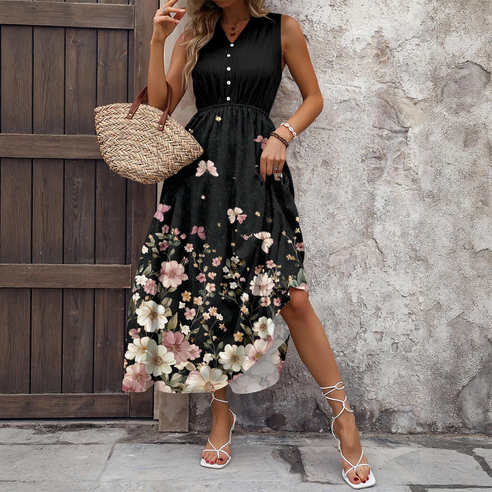 Women s Casual And Fashionable V-neck  Sleeveless Printing Mid Length Dress L