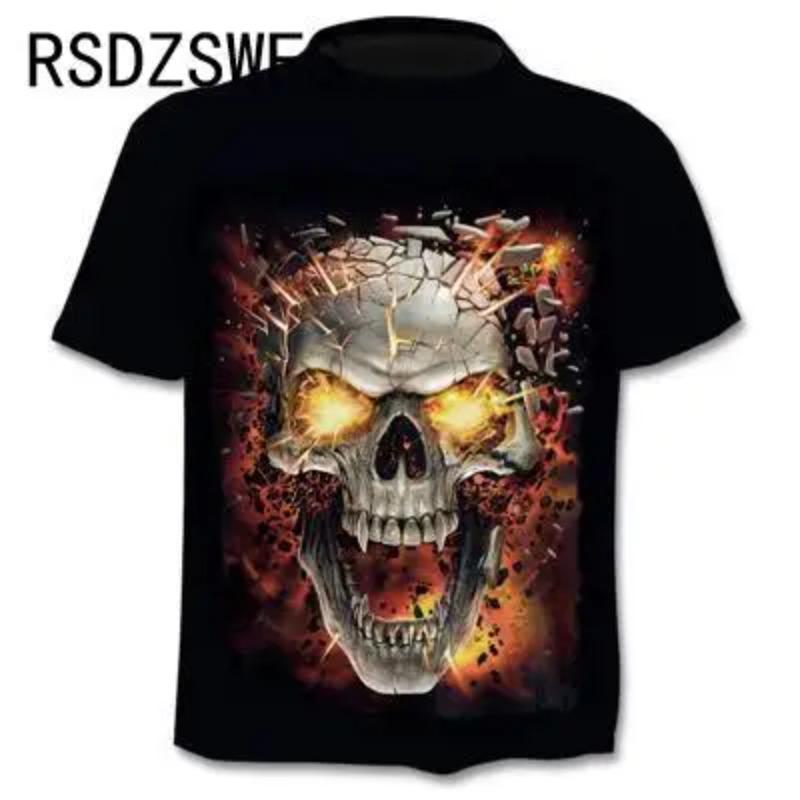 Round Neck 3D Skull Printed Top Fashionable Casual Short Sleeved Men's T-shirts - Soft Medium Stretch Polyester Fabric Summer Relaxed Fit Clothing