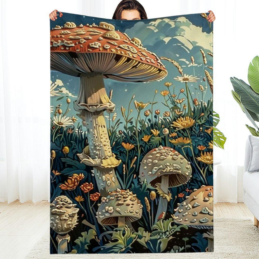 1pc Mushroom Foliage Forest Floor Blanket - Soft Plush Flannel-like Texture,Lightweight All-Season Botanical Daisy 130x150cm51x59in