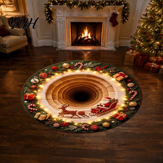 Cozy Indoor Holiday Decorations Christmas Round Area Rug, 3D Visual Trap Floor Mat with Santa Elk Print, Claus Print Rugs Non-Slip Stain Resistant
