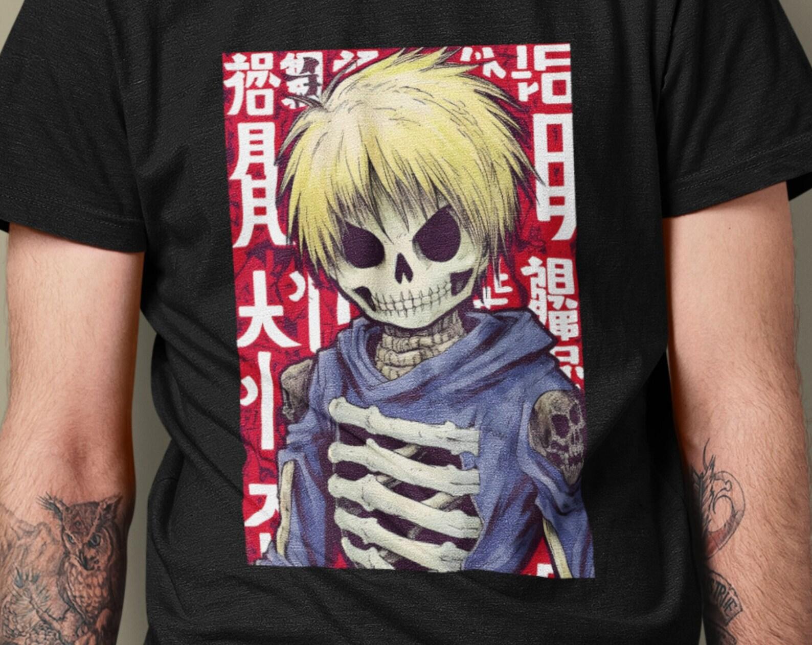 Skeleton Boy Manga T-Shirt: Halloween Comic Book Art Tee L