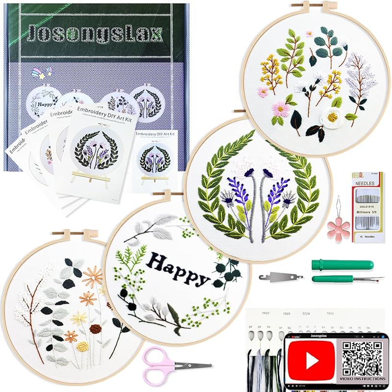Josongslax 6 Pack Beginner Embroidery Kit for Adults,Hand Cross Stitching Patterns Sewing Crafts Hobbies Set with 6 Embroidery Hoop,DIY Punch Flower