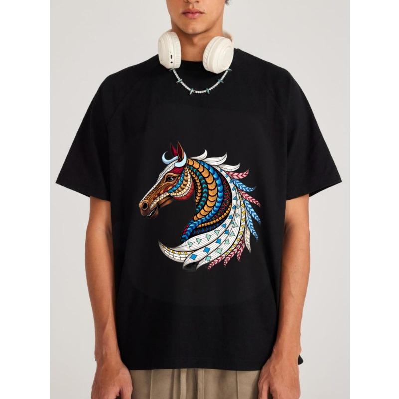 

Men s White T-Shirt with Colorful Horse Head Tribal Pattern Design for Casual Wear XXXXL чорний