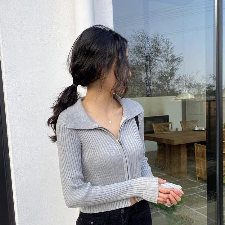 Autumn Winter Sexy Skinny Navel Lapel Double Zipper Pit Strip Knit Cardigan Sweater Short Jacket Long Sleeve Top Solid Color
