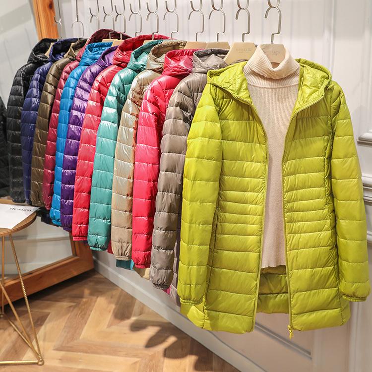 Female Long Warm Down Coat with Portable Storage Bag Women Light Down Jacket Ladies Overcoats Hip-Length High Street