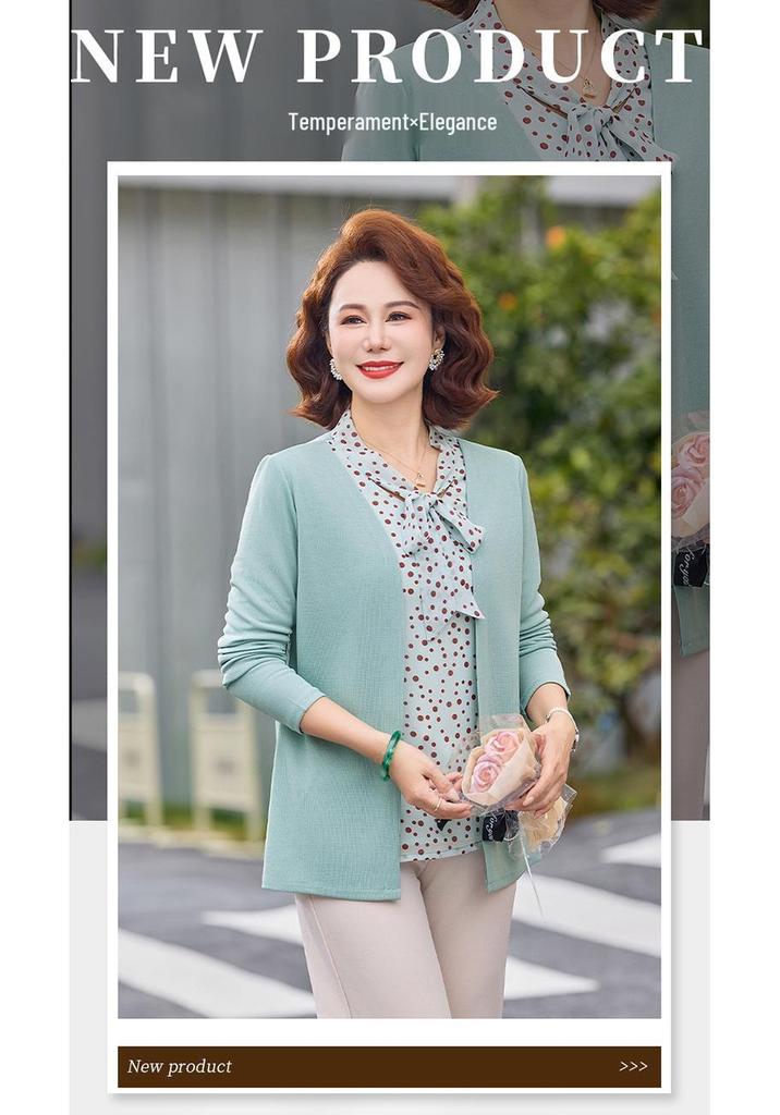 Spring Fashion Knitted Two-Piece Long-Sleeve Shirt for Middle-Aged Women