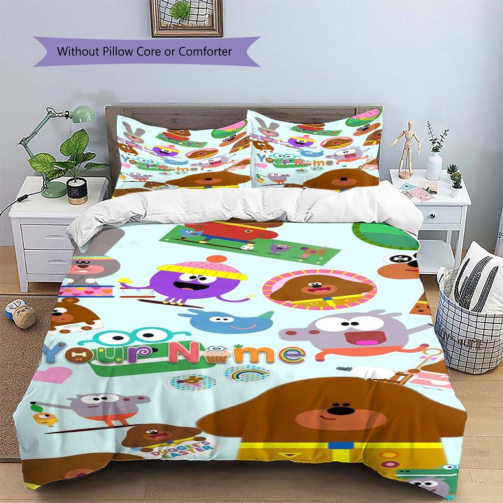 Hey Duggee Custom Name Pattern Bedding,Quilt Set Quilt Cover Pillowcase Home Birthday Gift(1 * duvet cover + 2 * pillowcase, without core)