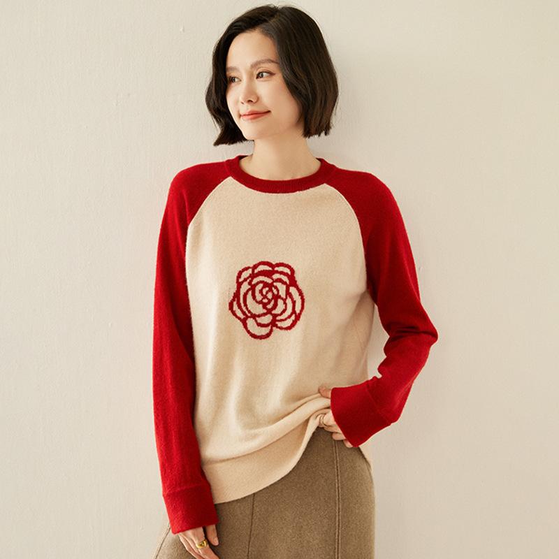 

Кашемировый свитер с круглым вырезом, цветными блоками и вышивкой для женщин в осенне-зимнем стиле, модный и универсальный свитер XL