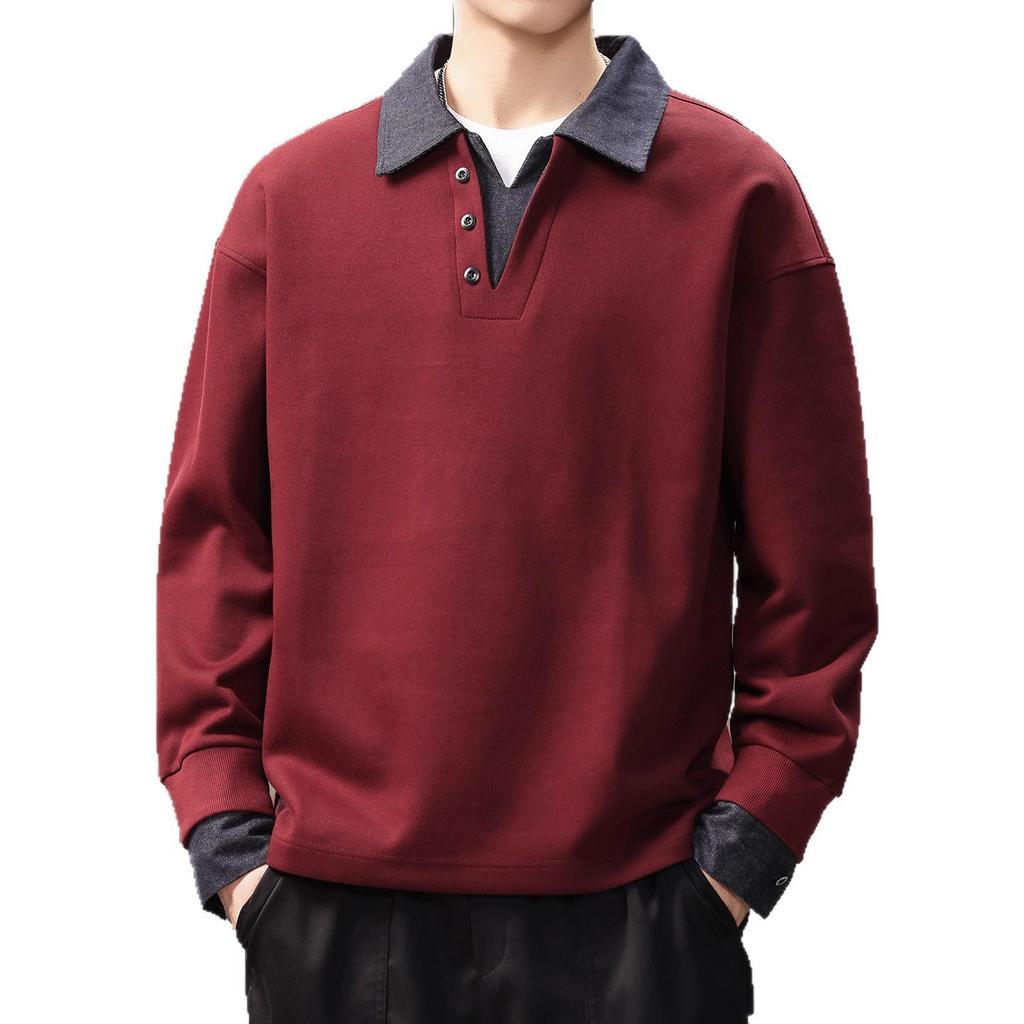 Men's Retro Fleece-Lined Color Block Denim Polo Hoodie