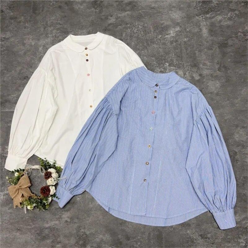 

Женская повседневная полосатая рубашка Johnature Mori синего цвета с лацканами, весенне-осенние минималистичные свободные топы с длинными рукавами