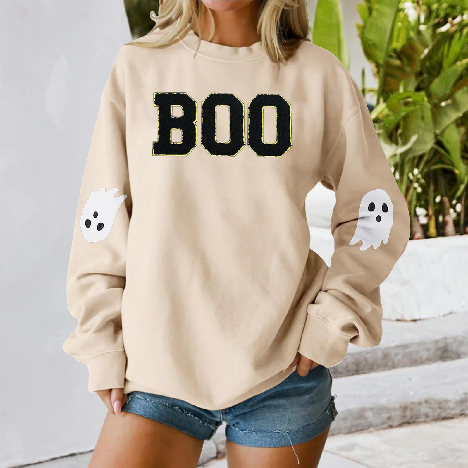 

Женские топы с круглым вырезом и принтом из хлопка, повседневная мода, длинный рукав, пуловер, топ, блузка L бежевый