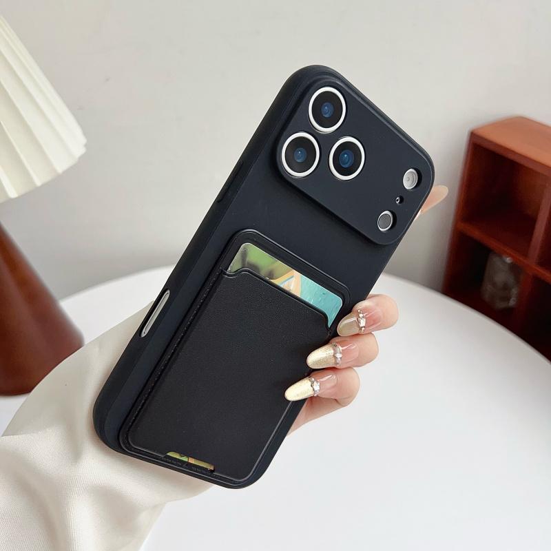 Simple Solid Color With Card Slot Phone Case  For Iphone 17 16 1 14 13 12 Pro Max TPU Store Card Photo Multifunctional Cover