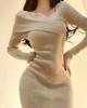 Korean Style Mini Knitted One-piece Dress Women Long Sleeve Tunic Cabaret Dresses Khaki Winter Spring Clothes