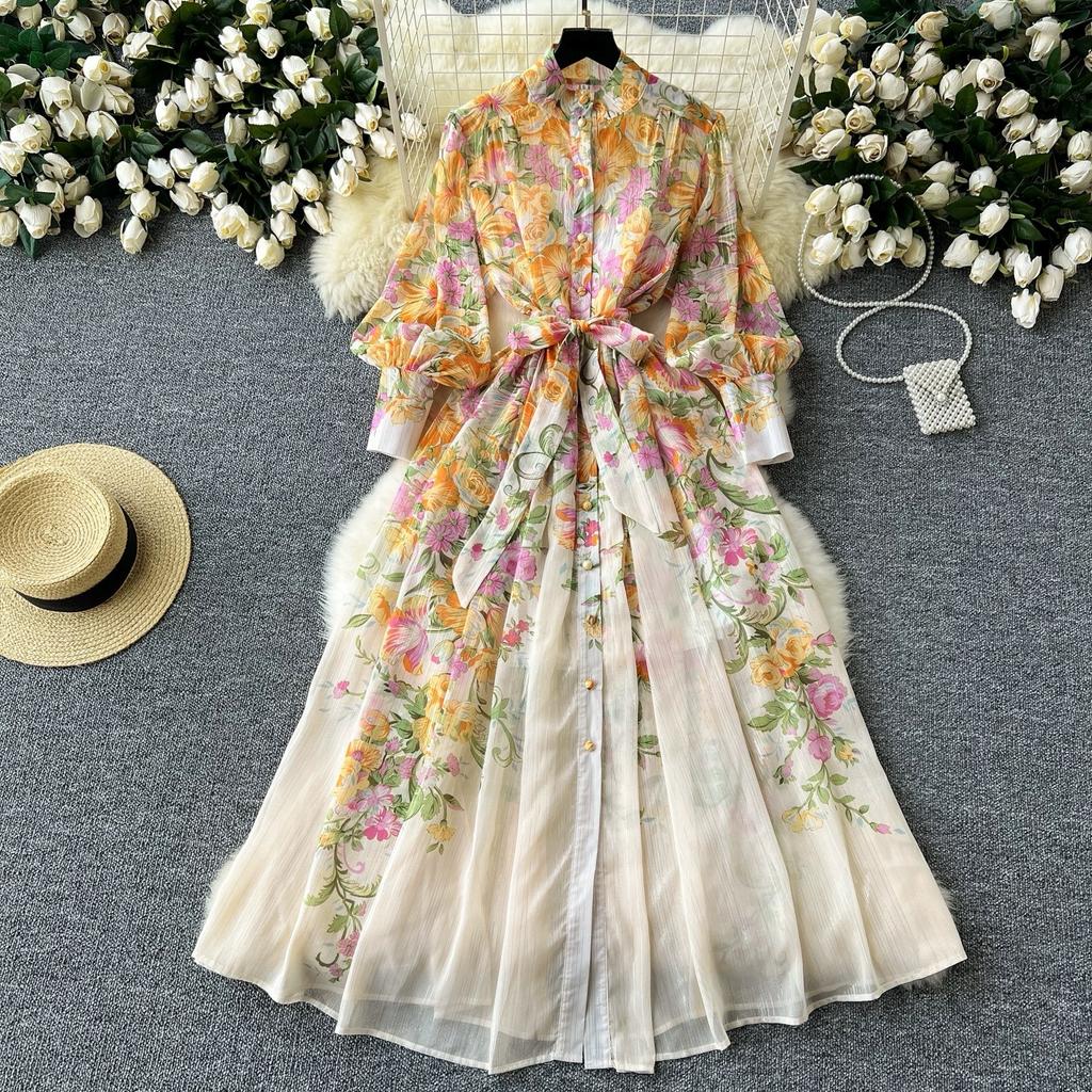 Autumn Long Sleeve Floral Maxi Chiffon Dress Women Print Dresses A Line Loose Big Size Single Breasted Elegant Party Dresses