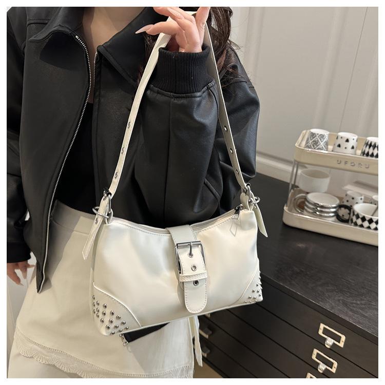 Retro Distressed Faux Leather Shoulder Bag for Women, Biker Style Rivet Pin Closure Clutch, Trendy Baguette Crossbody Handbag CLE