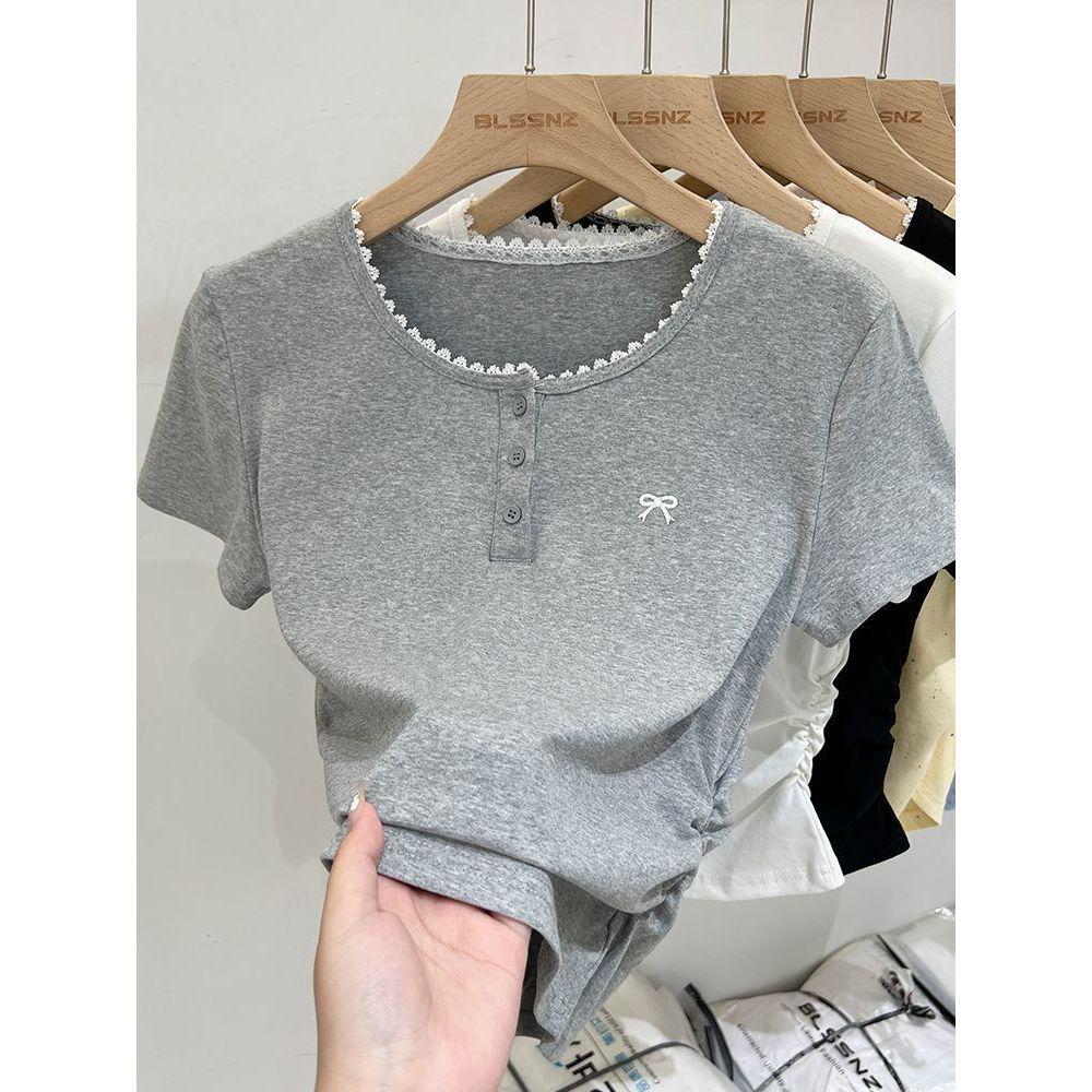 Women's Summer 2025 Pleated Lace Bow Short Sleeve T-Shirt