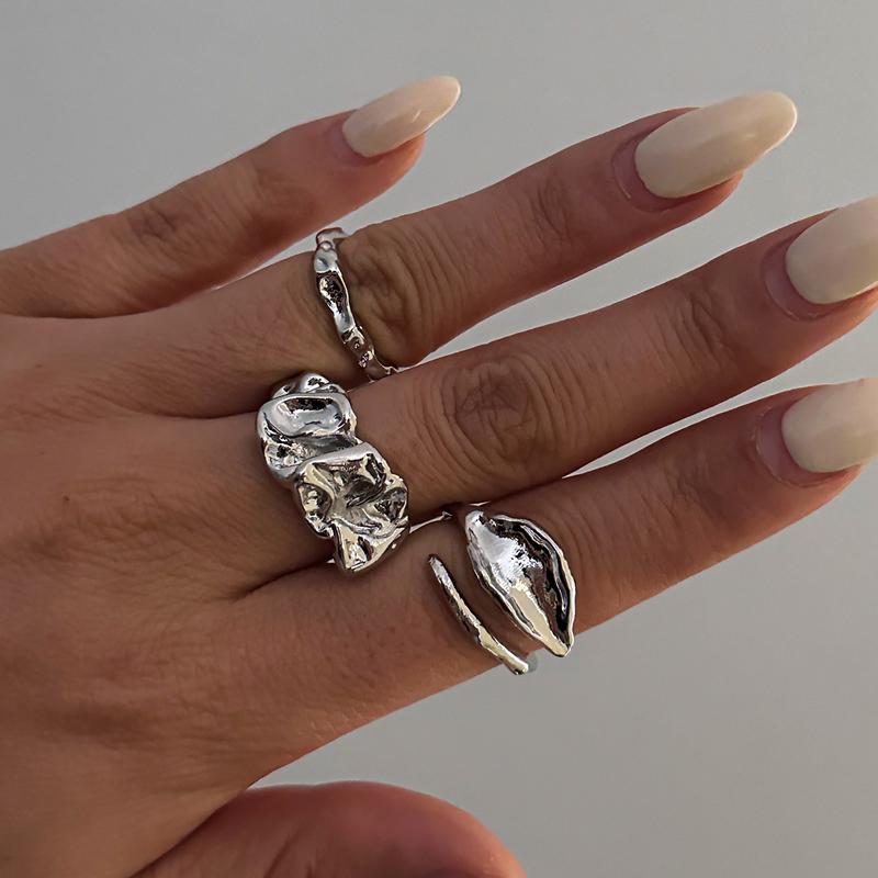 3Pcs/Set 2025 New Metal Irregular Liquid Line Open Ring Set for Women Simple Gold Color Bow Finger Ring Beach Vacation Jewelry