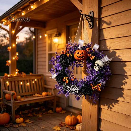Halloween Window Decoration Wreaths for Front Door, Skull Pumpkin Wreath with Berries, Black Spooky Bat Cabin Party Props Roses, Purple Leaves Doors,