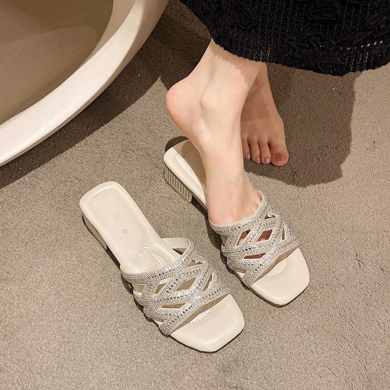 Fashion Block heel slippers for women in summer wear new fashion rhinestone mid-heel temperament crystal high heel cool mopping