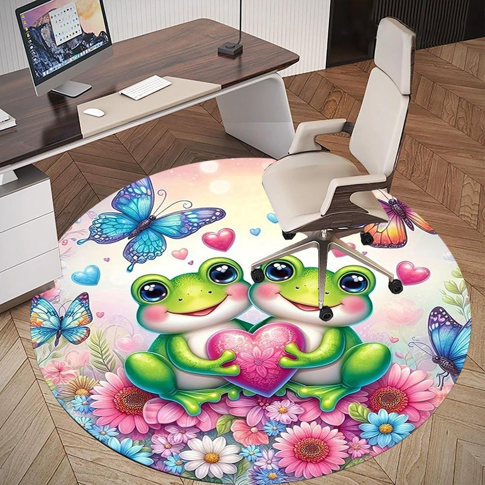 1PC Frogs Flowers Butterflies Round Chair Mat Area Rug - Non-Slip, Floor Mat for Office, Bedroom, Home Decor Christmas Gift C0528015