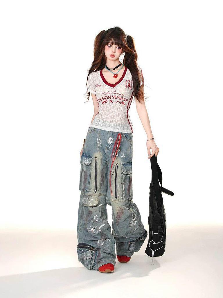 American College V-Neck Lace Embroidered Slimming T-Shirt - Women's Summer Short Sleeve Versatile Top