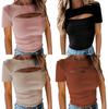 2025 Sexy Hollow-Out Ribbed Short-Sleeved Top for Women - Fashionable Chest-Revealing Design