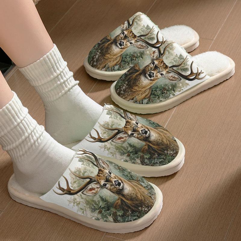 Forest Deer Pattern Cotton Slippers for Men and Women - Autumn/Winter Collection