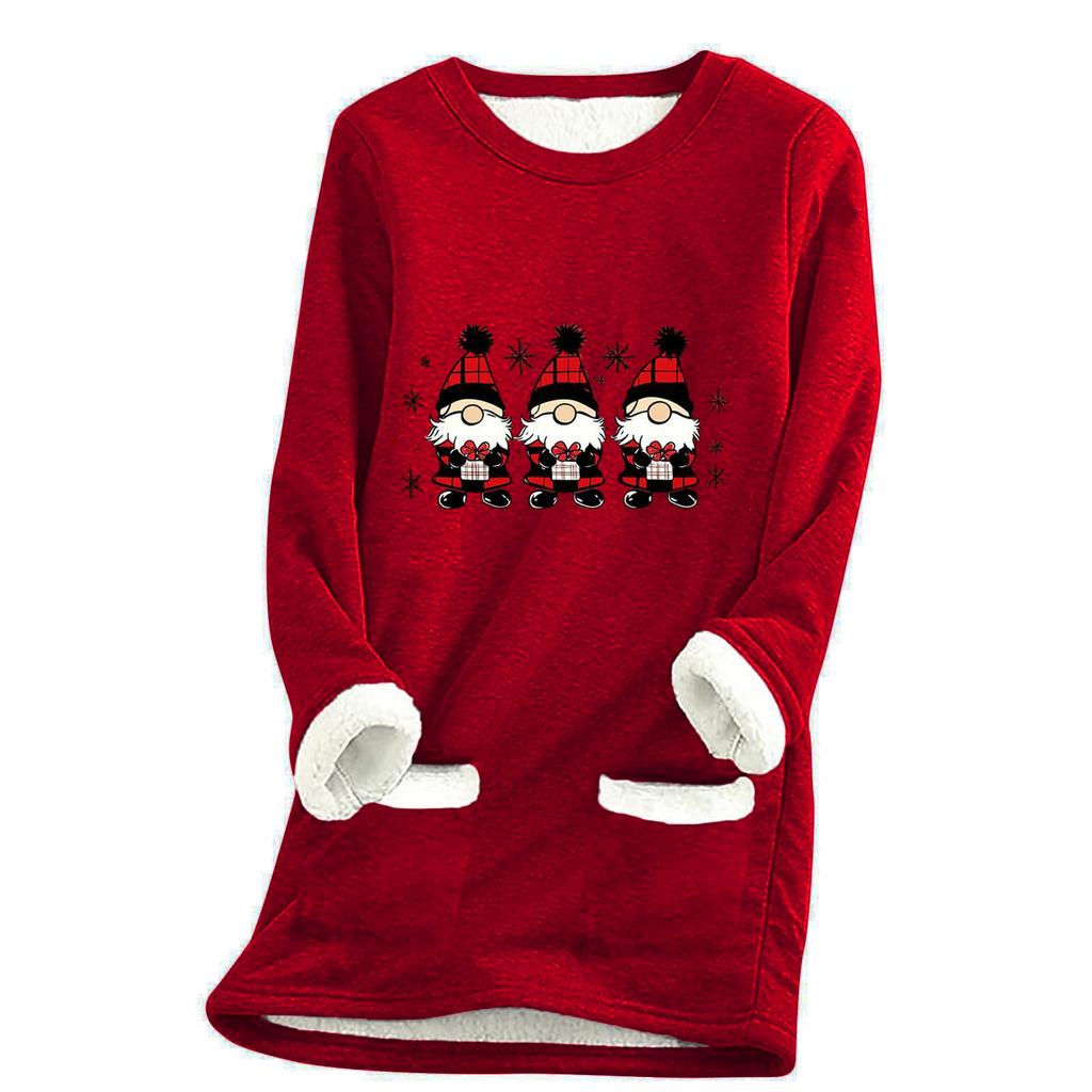 Ladies' Loose And Comfortable Round Neck Christmas Print Thick With Pockets Long Sleeved Top