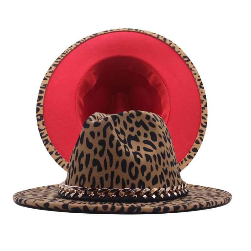 Leopard print woolen top hat, flat-brimmed felt hat, European and American fashion autumn and winter warm hat, men's and women's double-sided imitatio