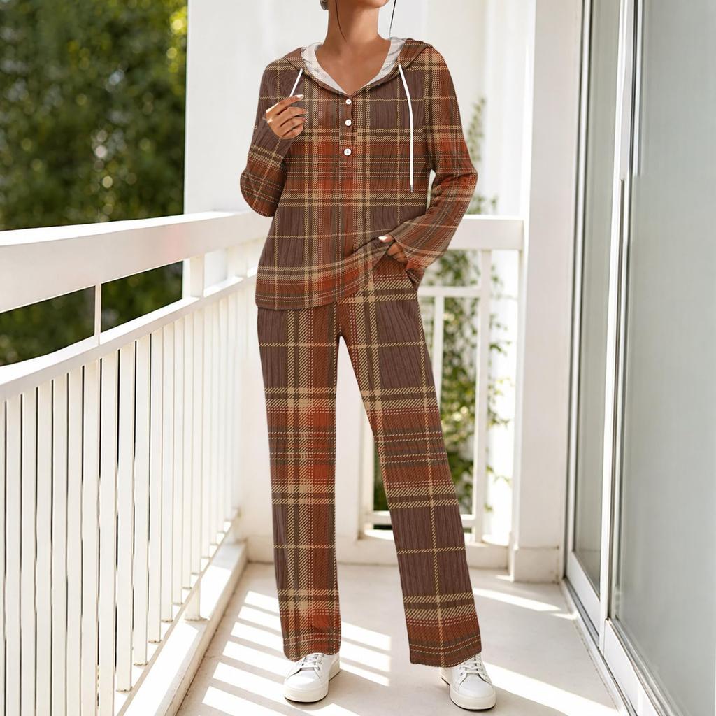 Women's V-Neck Printed Long Sleeve Hoodie Loungewear Set with Pockets - Loose Fit 2 Piece Casual Sleepwear Pajama Set for Home