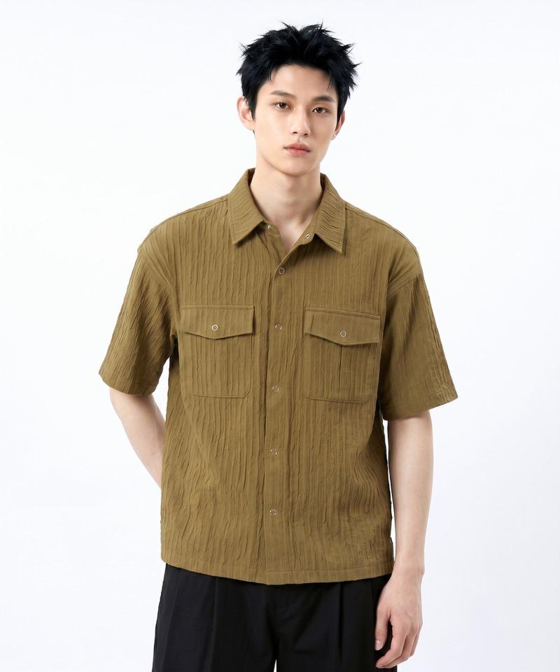 UNDEROFF Wrinkle Crop Pocket Short Sleeve Shirt Khaki