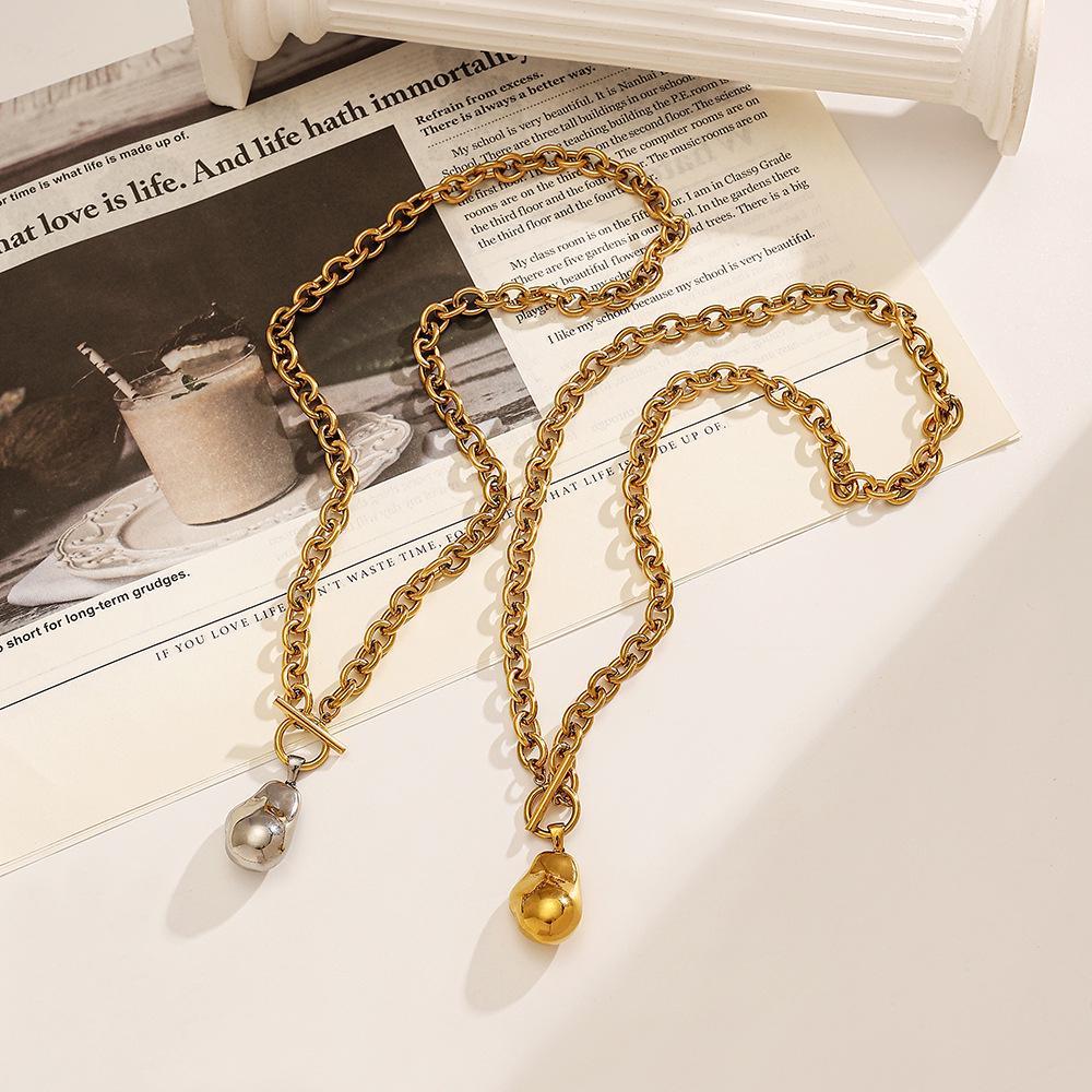 18k Gold-Plated Stainless Steel & Titanium Necklace with Baroque Pearl, European American Style, High-Class Feel, Fade-Resistant OT Buckle for Women.