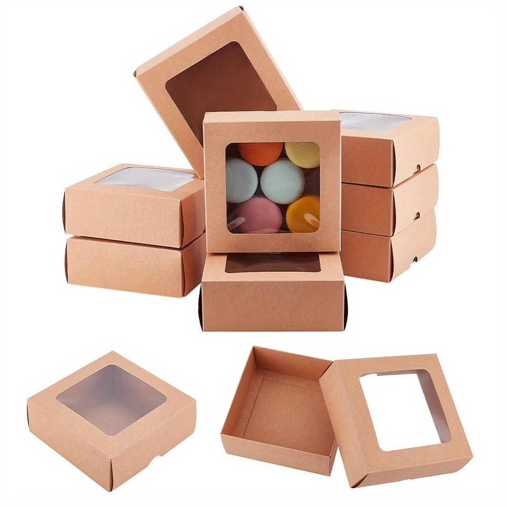 12pcs Folding Kraft Paper Cardboard Jewelry Gift Boxes with PVC Visible Window Square Khaki Color Storing Box