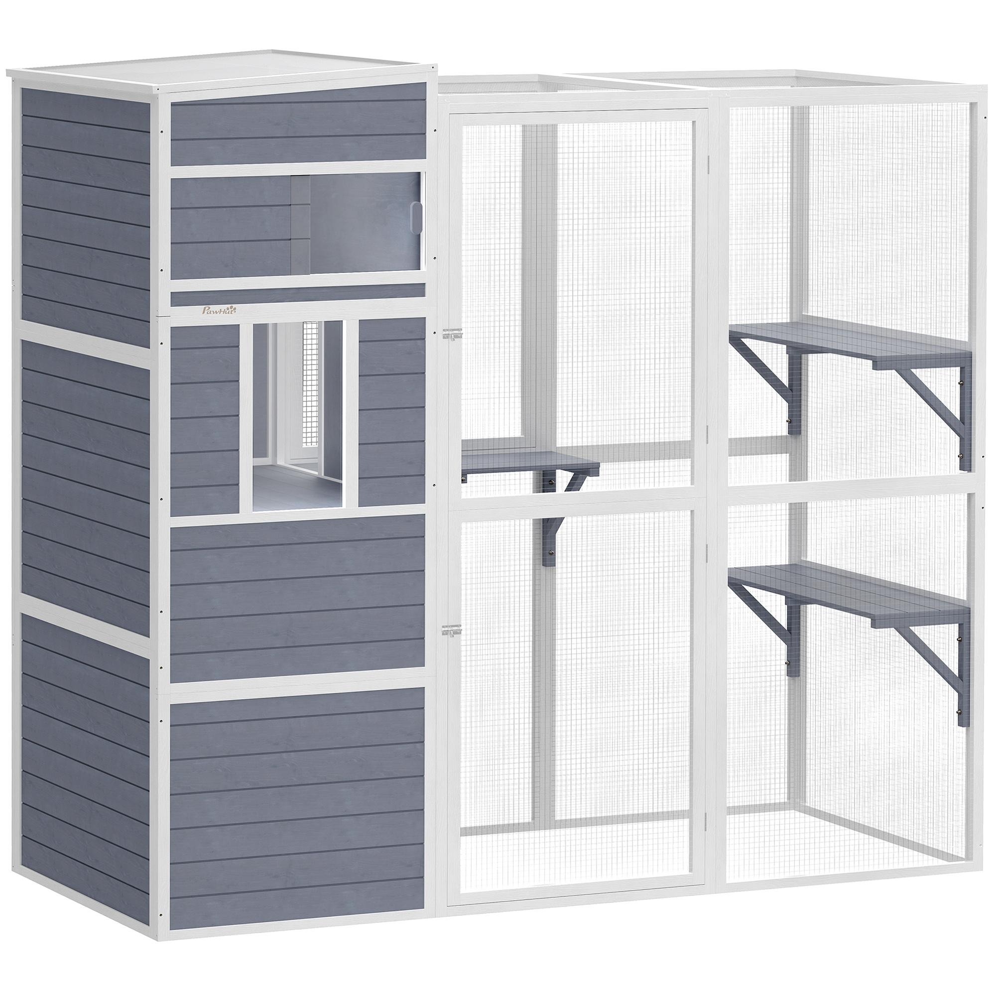 Maisonnette pour Chat en Bois d'Extérieur avec 3 Plateformes Toit Résistant aux Intempéries Espace de Repos pour 3 4 Chats Jusqu'à 10 kg Gris