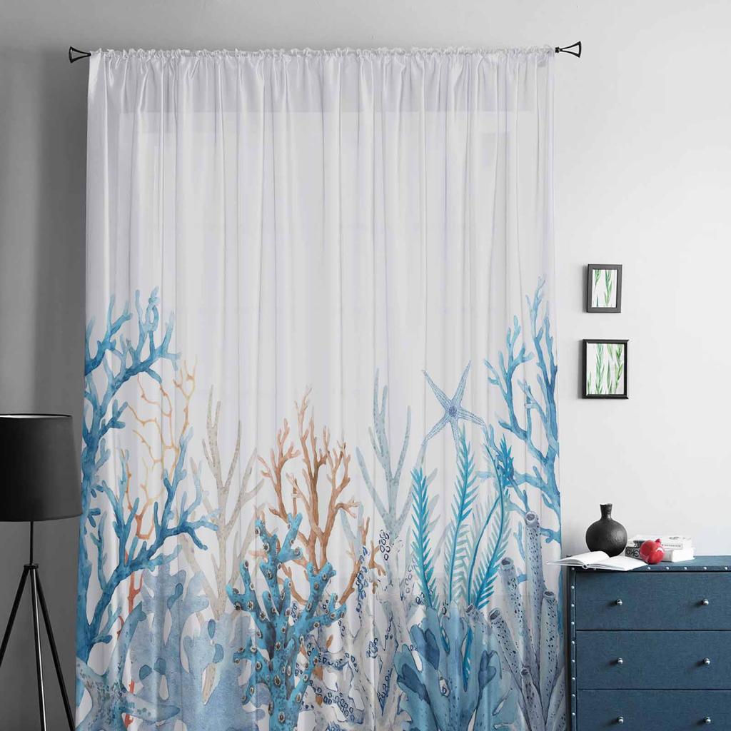 Summer Marine Coral Gradient Blue Tulle Window Curtains for Bedroom Luxury Home Decor Drapes In Living Room Chiffon Panels