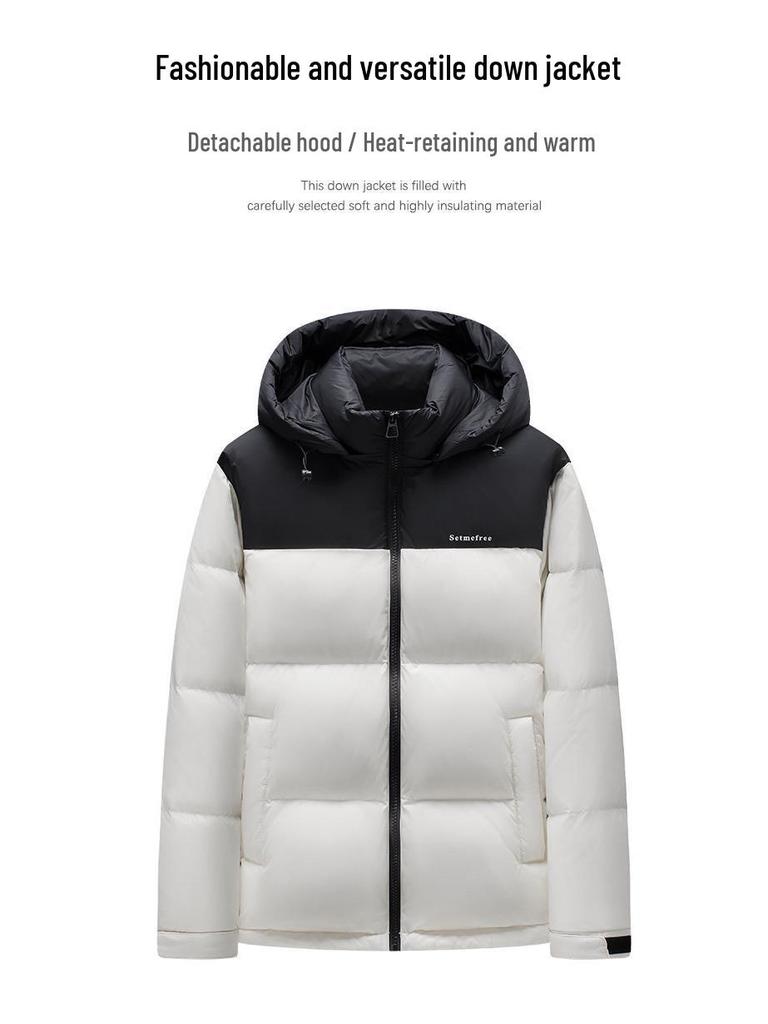 Men's 2025 Winter Hooded Patchwork Down Jacket: Black/Gray/Wine Red