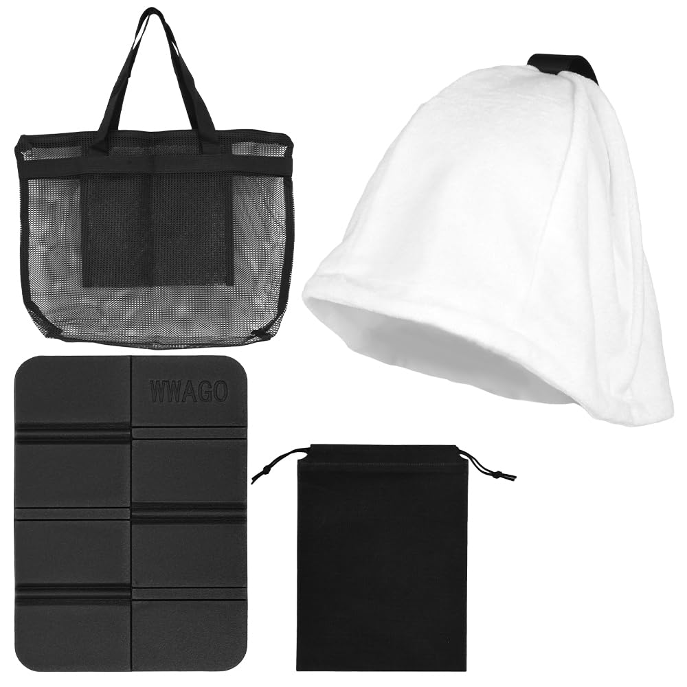 Sauna Sauna and Features Towel Fabric for Heatstroke Prevention and Scalp 3-Piece Set Hat, Mat, Handle. Protection. Unisex. (White)