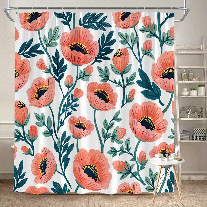1 pc Red Poppy Shower Curtain - Polyester Fabric, Machine Washable, With Hooks, Suitable for Bathroom Decoration