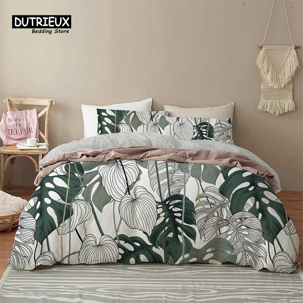 Comforter Green Palm Leaf Floral Bedding Set Tropical Leaves Flowers Animals Microfiber Comforter For Adults Kids Decor