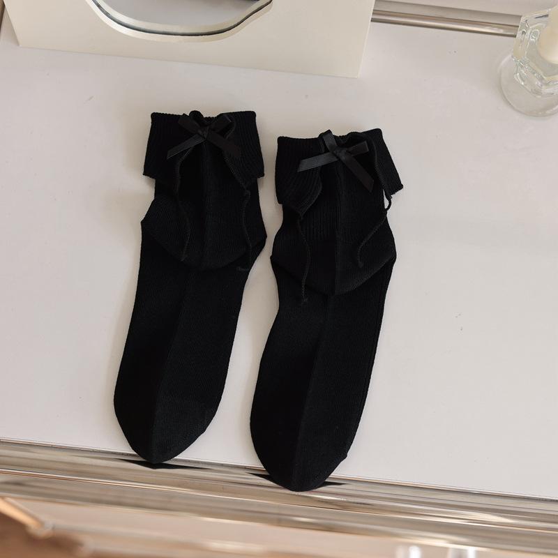 

5pair Flip Lace Socks Children Fold Fungus Edge Bow Medium Tube Stacking Socks Solid Color Double Needle Girl Socks One size fits all чорний