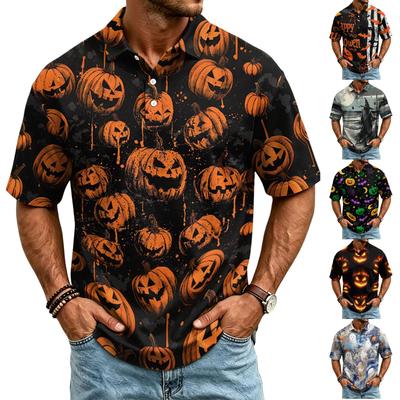 Herren Casual Schnelltrocknendes Netz-Golf-Poloshirt Halloween-Print Kurzarm Knopfleiste Leichte Atmungsaktive Golf-T-Shirt