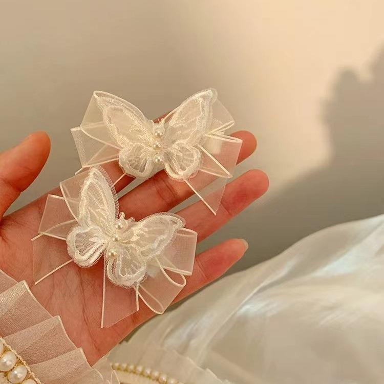 White Mesh Butterfly Pearl Hair Clip - Women's Duckbill Hairpin Bow Accessory